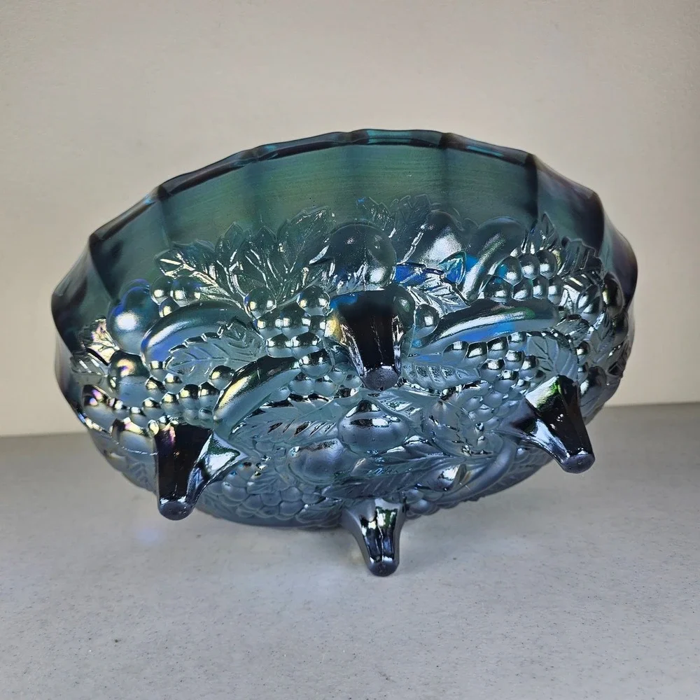 Indiana Glass Carnival Blue Iridescent  Footed Oval Bowl—Harvest Grape. Vintage!